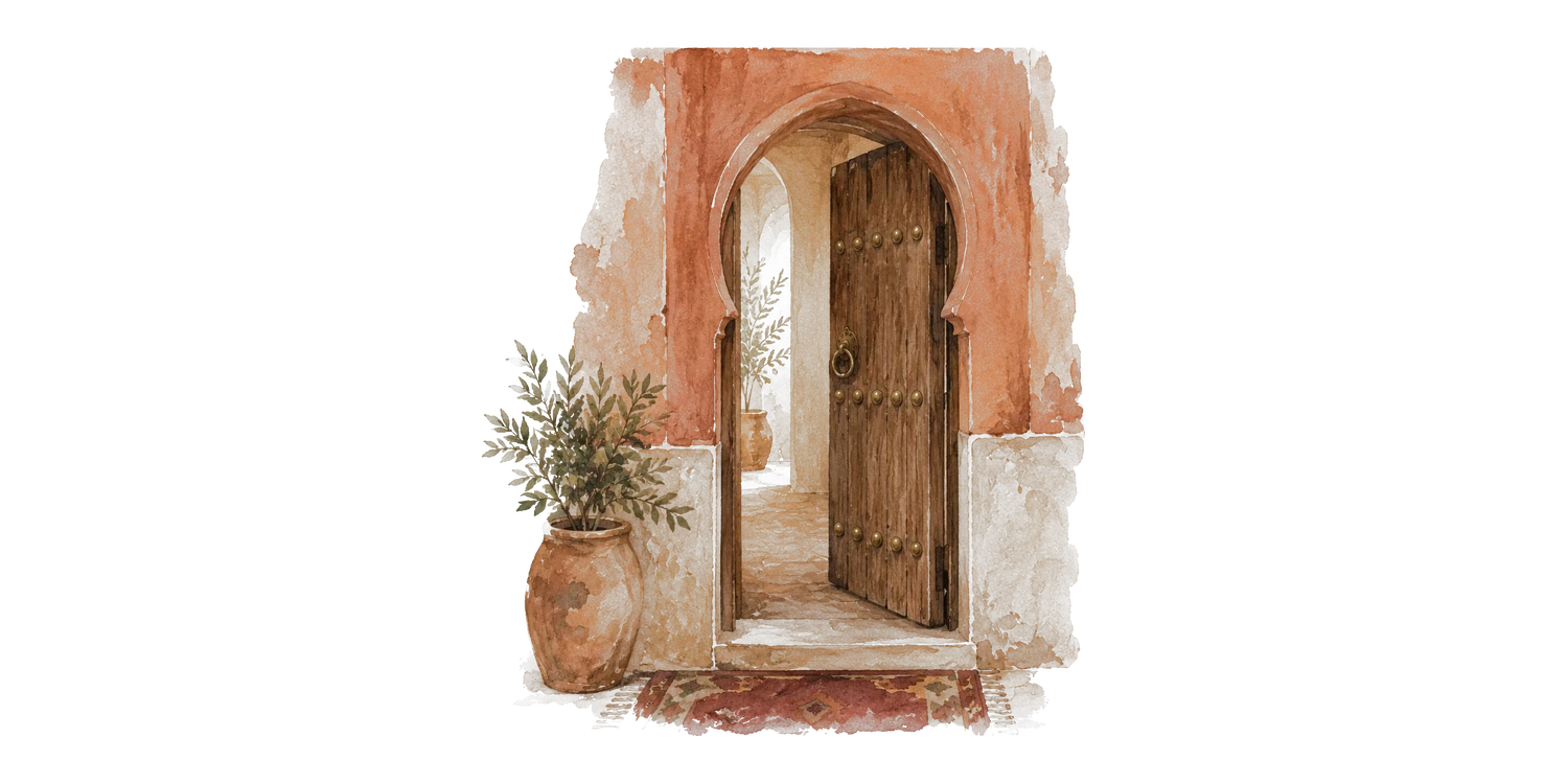 Porte de maison marocaine entrouverte, aquarelle